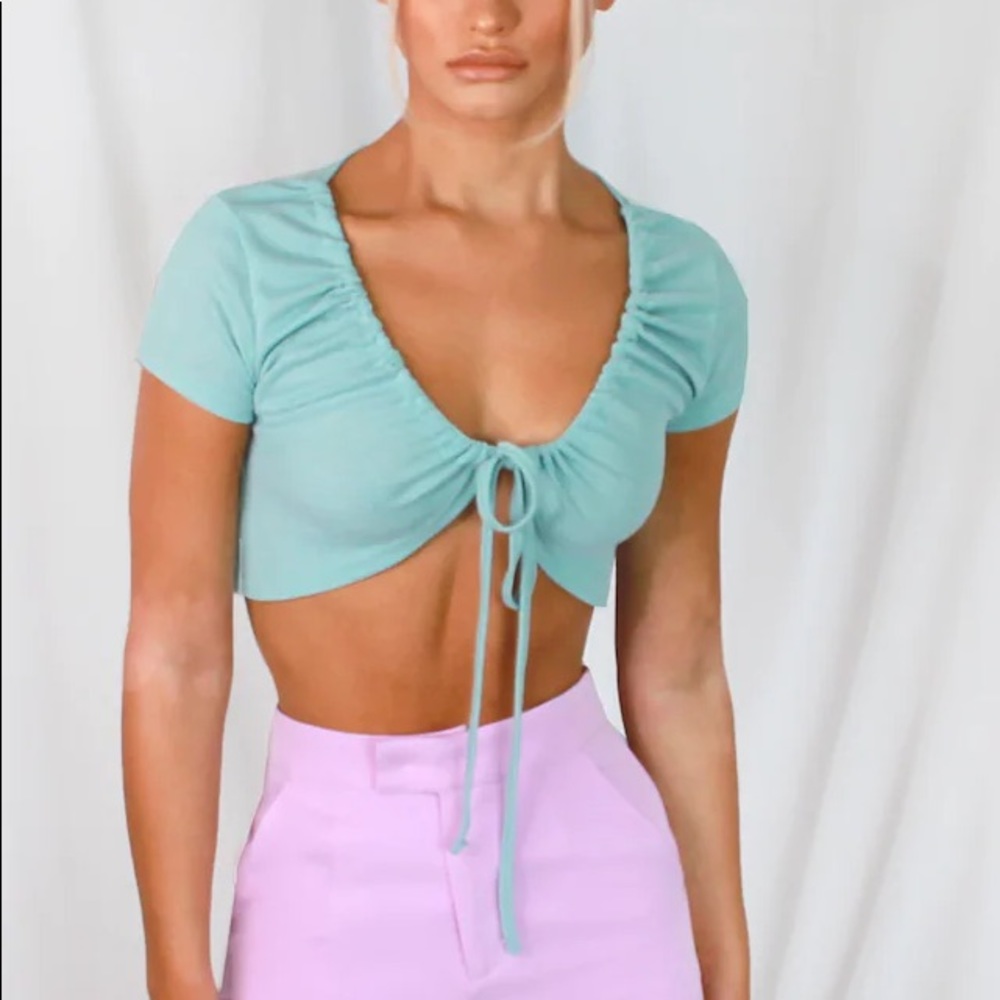 Aqua Rib Drawstring Neck Tie Crop Top